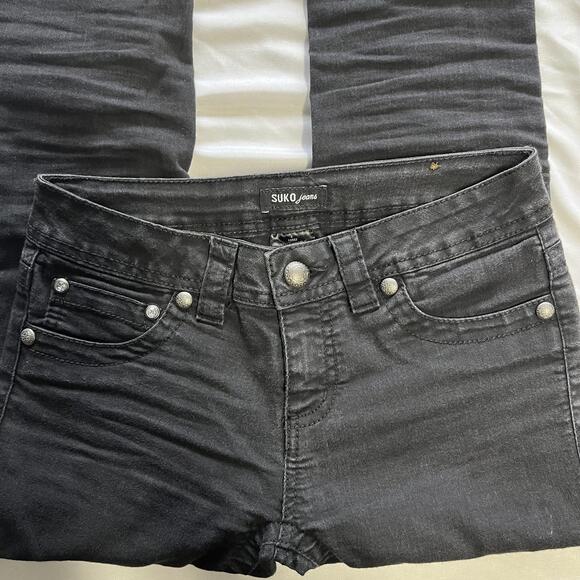Y2K Suko jeans black low rise skinny jeans embroidered pockets Size 2 grunge emo - Picture 3 of 8